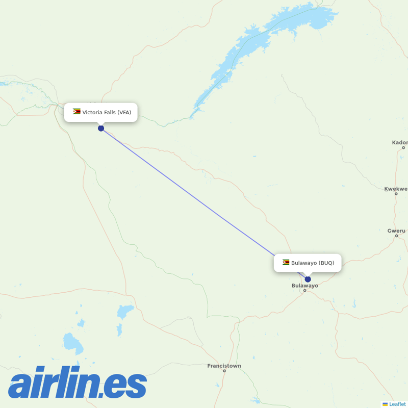 Ethiopian Airlines from Victoria Falls International destination map