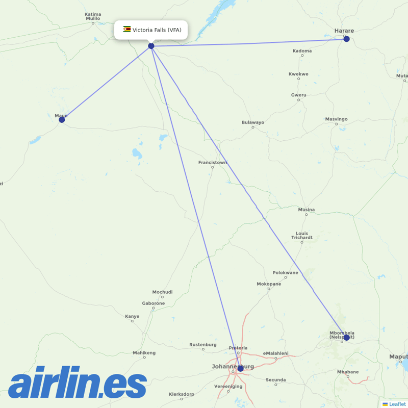 Fastjet from Victoria Falls International destination map