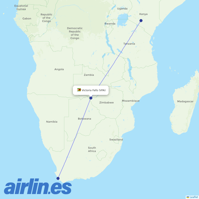 Kenya Airways from Victoria Falls International destination map