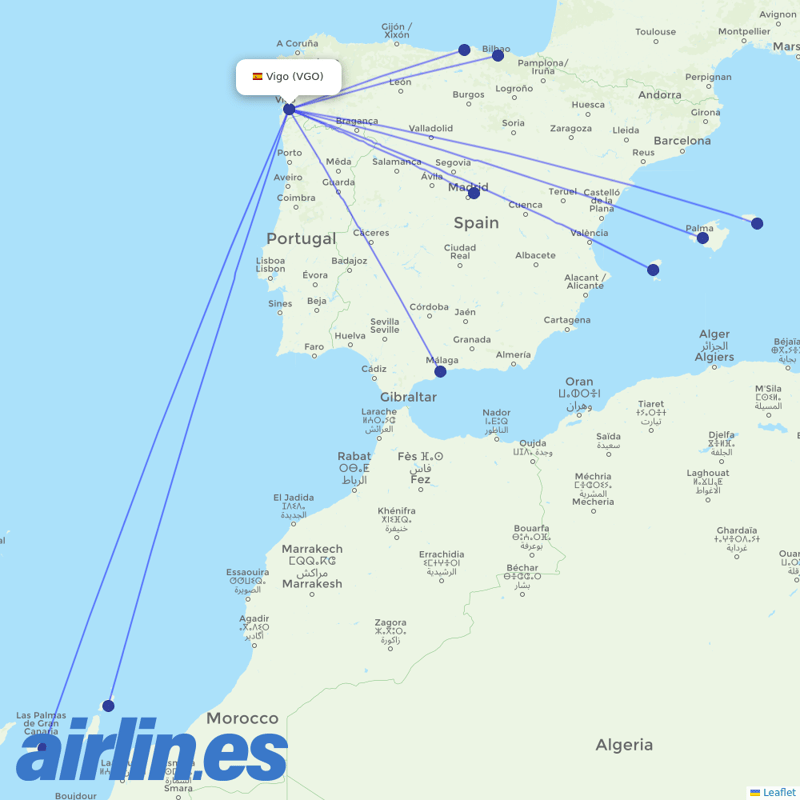 Iberia from Vigo destination map