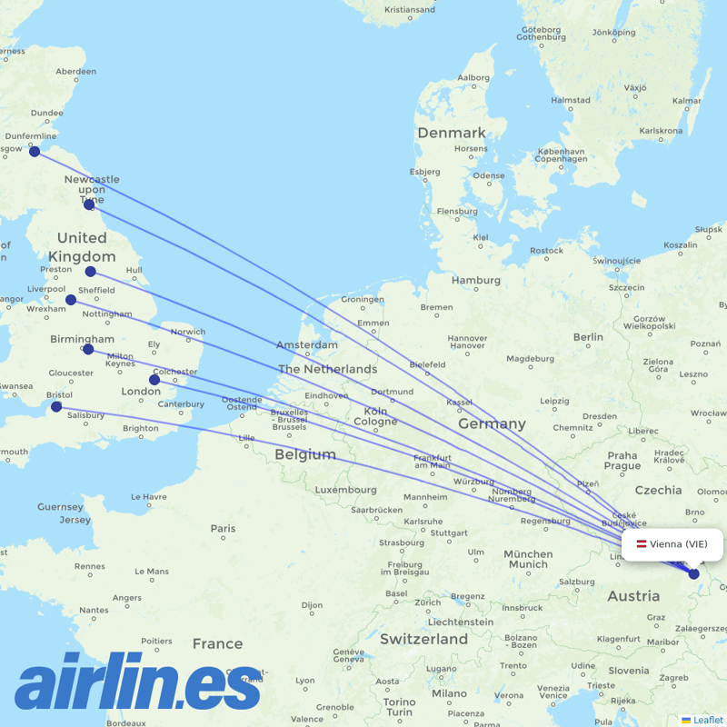 Jet2 from Vienna International Airport destination map