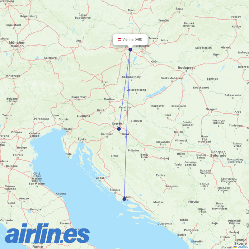 Croatia Airlines from Vienna International Airport destination map