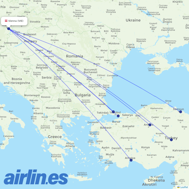 Turkish Airlines from Vienna International Airport destination map