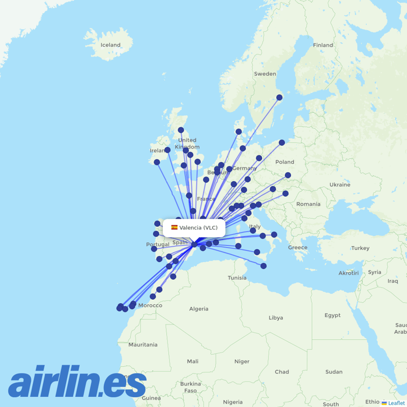 Ryanair from Valencia Arport destination map