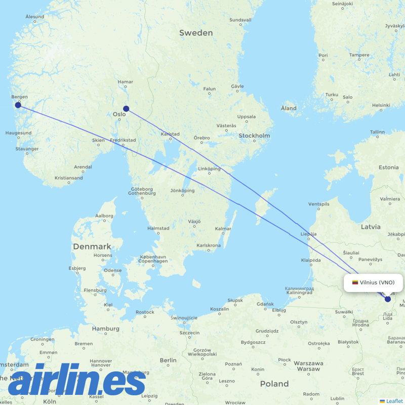 Norwegian Air from Vilnius Airport destination map