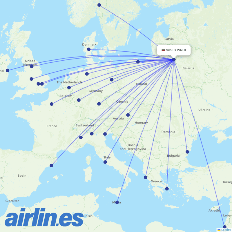 Ryanair from Vilnius Airport destination map