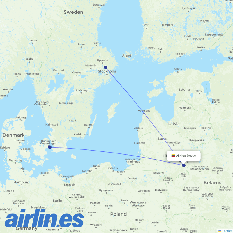 Scandinavian Airlines from Vilnius Airport destination map