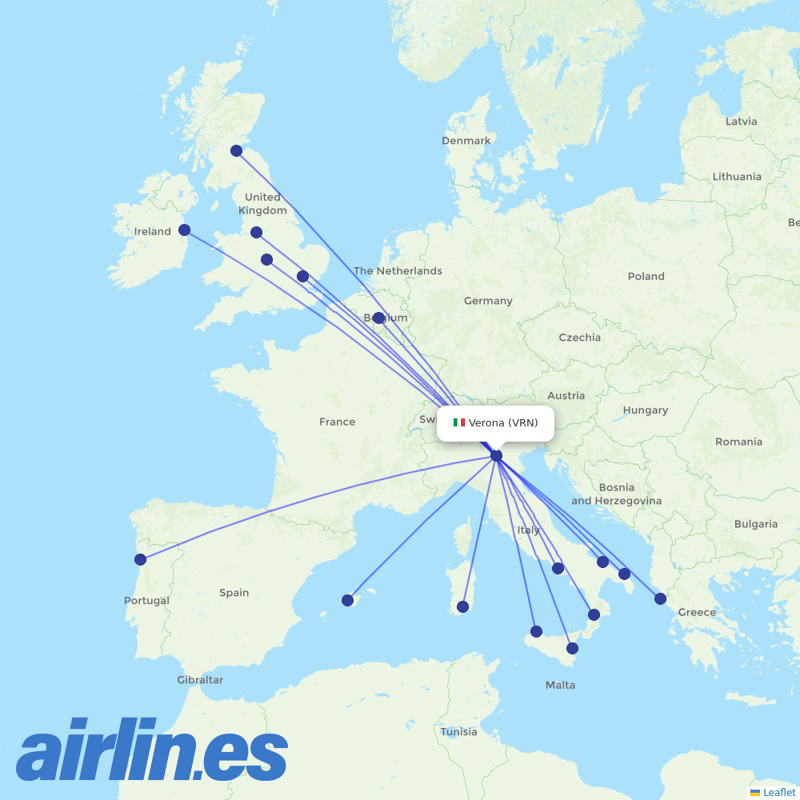 Ryanair from Verona Villafranca Airport destination map