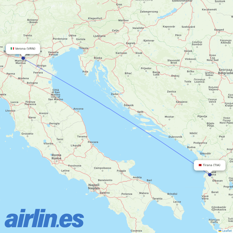 Air Albania from Verona Villafranca Airport destination map