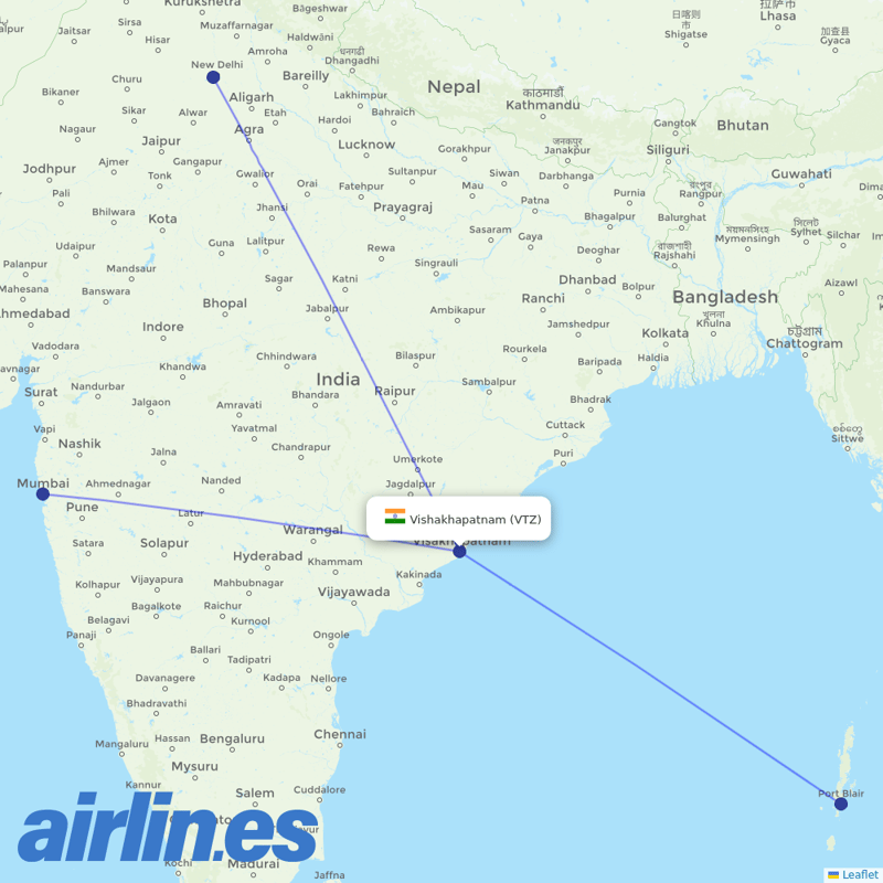 Air India from Vishakhapatnam destination map