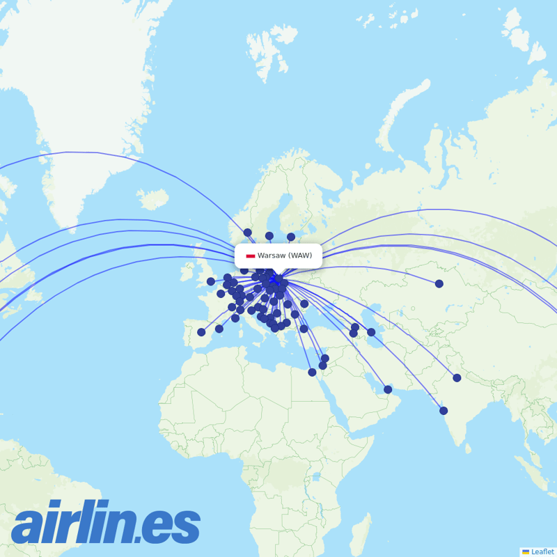 LOT - Polish Airlines from Warsaw Chopin Airport destination map