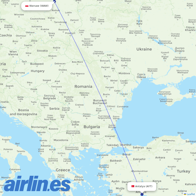 Corendon Airlines from Warsaw Chopin Airport destination map