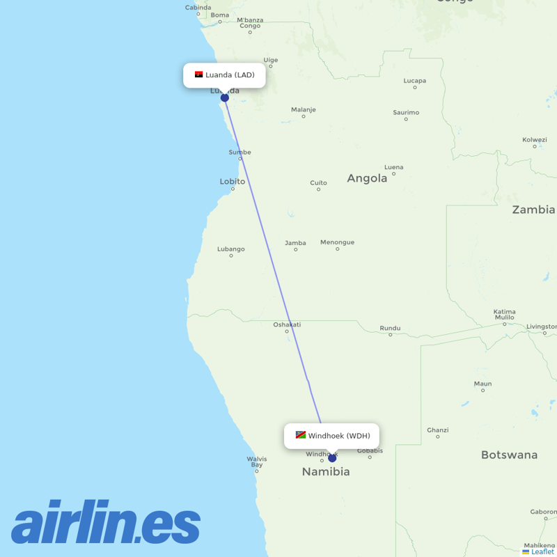 TAAG from Windhoek Hosea Kutako International Airport  destination map