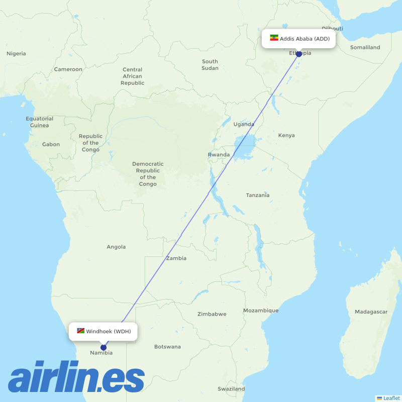 Ethiopian Airlines from Windhoek Hosea Kutako International Airport  destination map
