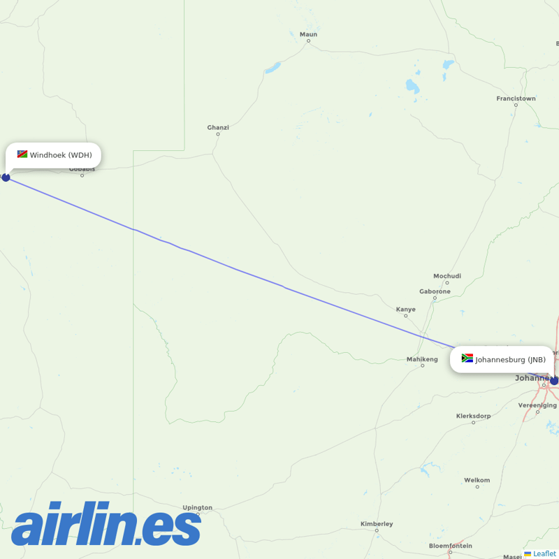 South African Airways from Windhoek Hosea Kutako International Airport  destination map
