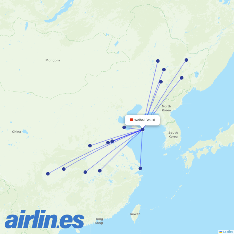 Chengdu Airlines from Weihai Airport destination map
