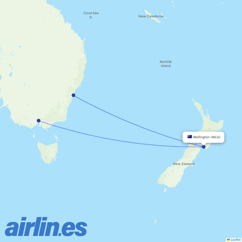 Qantas from Wellington International destination map