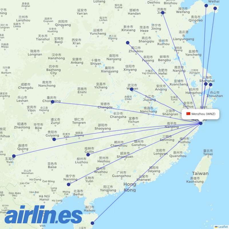 Shanghai Airlines from Wenzhou Yongqiang Airport destination map