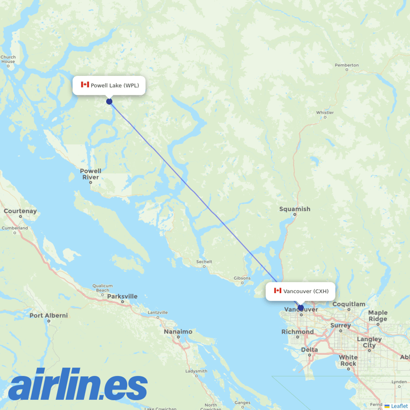 Harbour Air from Powell Lake Airport destination map