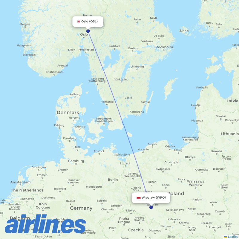 Norwegian Air from Copernicus Airport Wrocław destination map