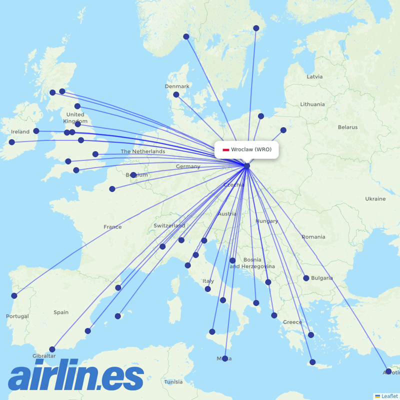 Ryanair from Copernicus Airport Wrocław destination map