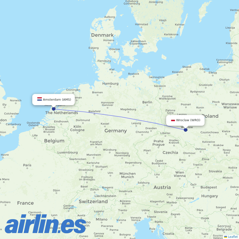 KLM from Copernicus Airport Wrocław destination map