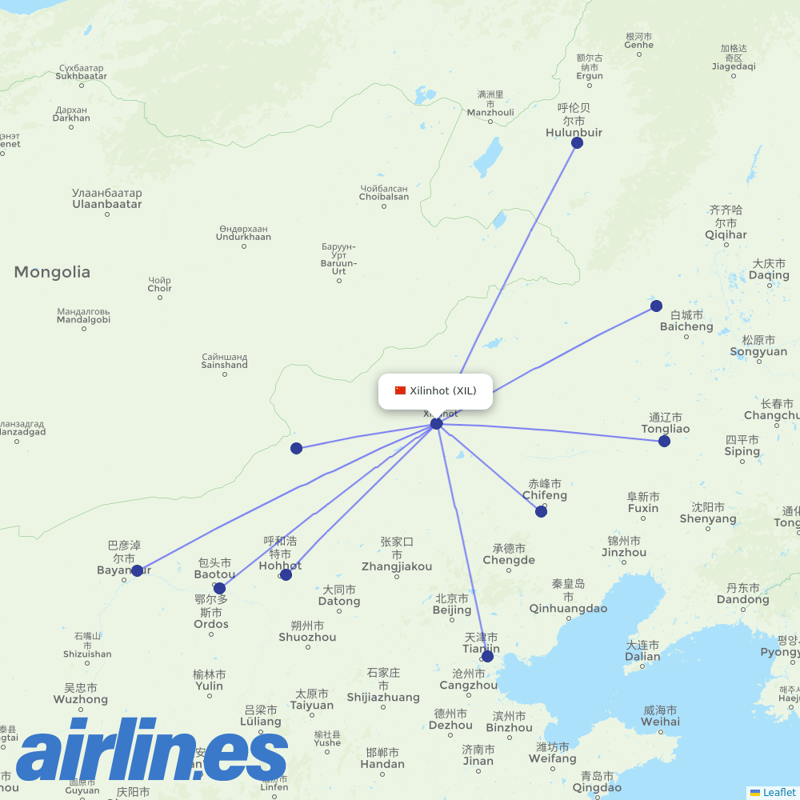 Tianjin Airlines from Xilinhot Airport destination map