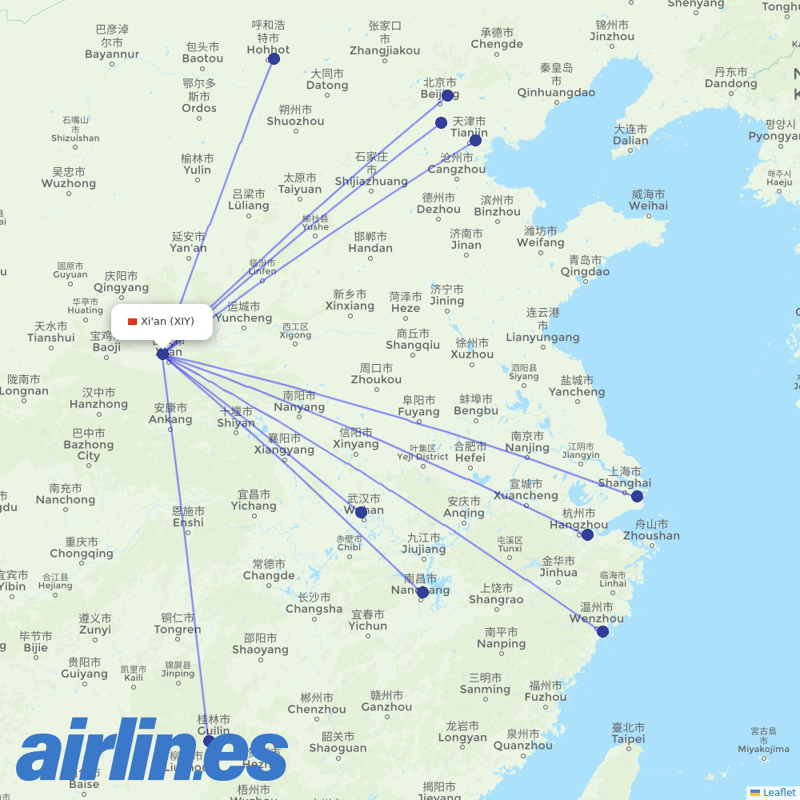 Air China from Xi'an Xianyang International Airport destination map
