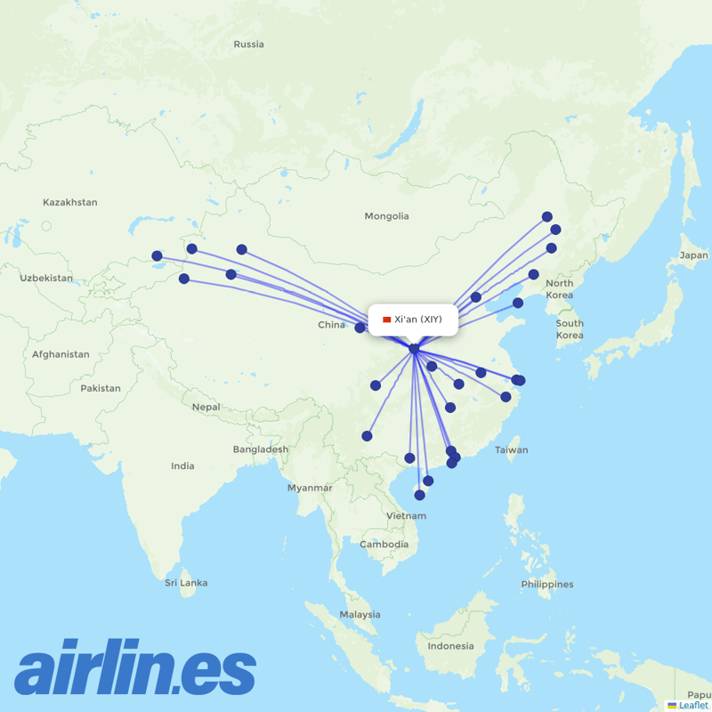 China Southern Airlines from Xi'an Xianyang International Airport destination map