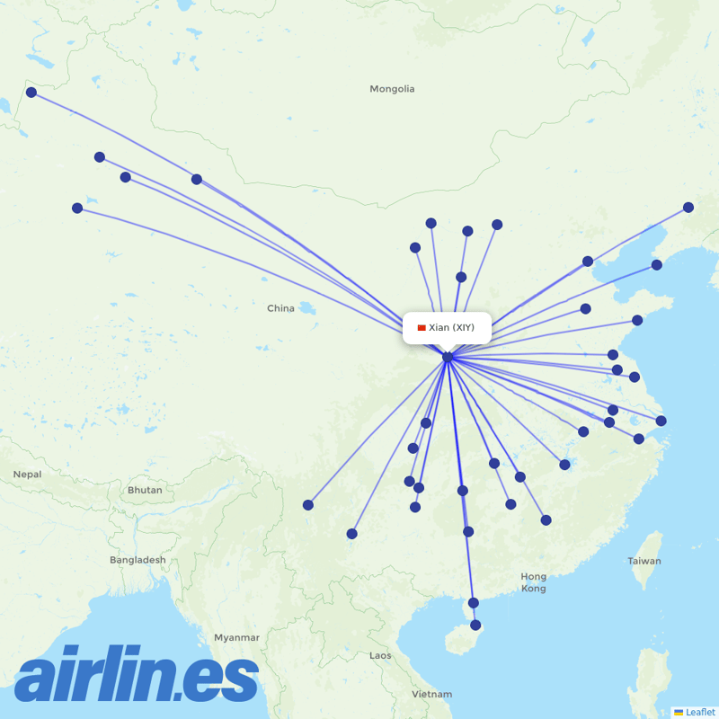 Tianjin Airlines from Xi'an Xianyang International Airport destination map