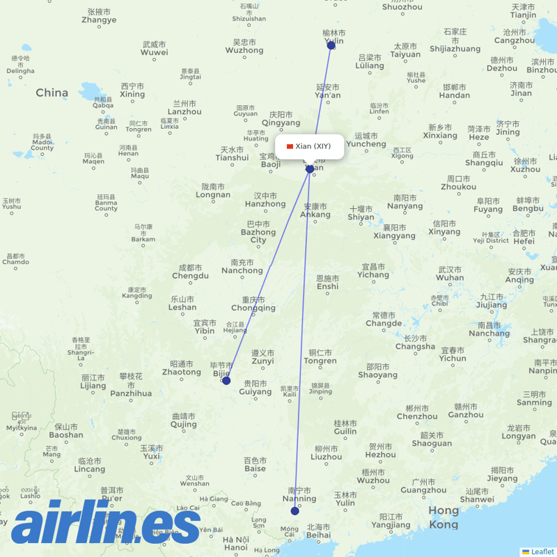 Guangxi Beibu Gulf Airlines from Xi'an Xianyang International Airport destination map
