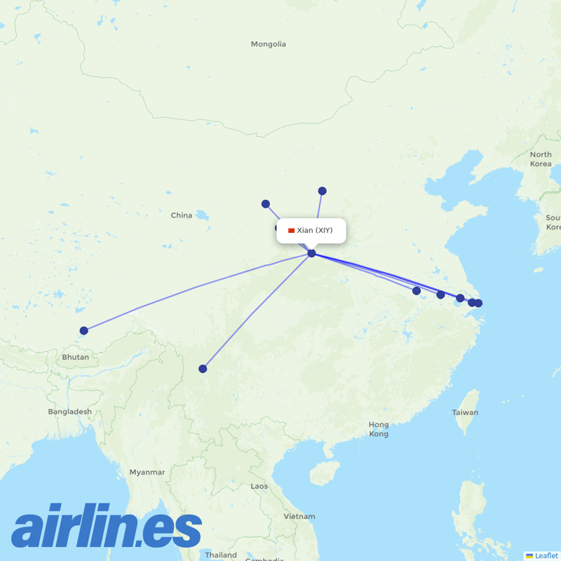 Juneyao Airlines from Xi'an Xianyang International Airport destination map