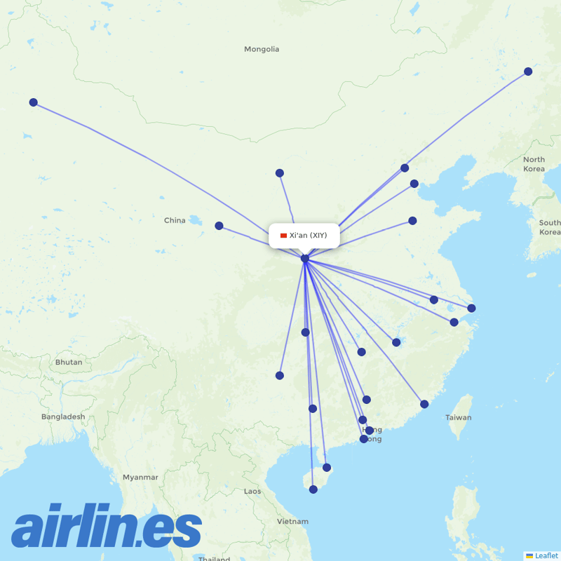 Hainan Airlines from Xi'an Xianyang International Airport destination map
