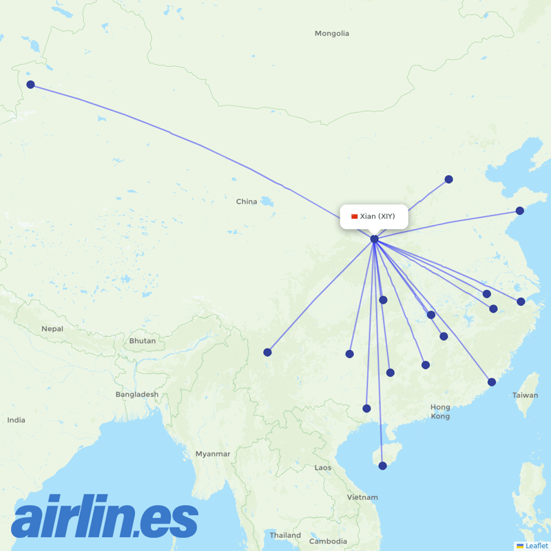 Beijing Capital Airlines from Xi'an Xianyang International Airport destination map