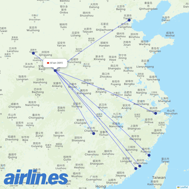 Xiamen Airlines from Xi'an Xianyang International Airport destination map