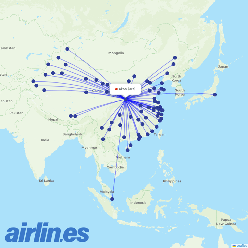 China Eastern Airlines from Xi'an Xianyang International Airport destination map
