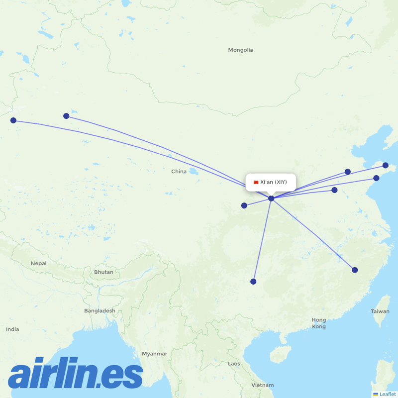 Shandong Airlines from Xi'an Xianyang International Airport destination map