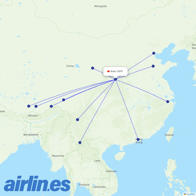 Tibet Airlines from Xi'an Xianyang International Airport destination map