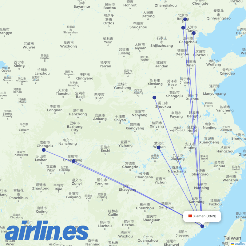 Air China from Xiamen Gaoqi International Airport destination map
