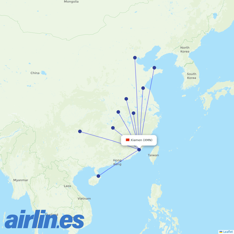 Tianjin Airlines from Xiamen Gaoqi International Airport destination map