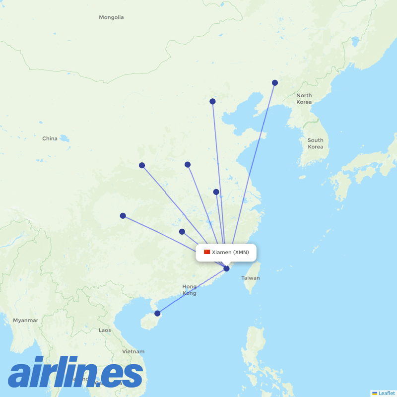 Hainan Airlines from Xiamen Gaoqi International Airport destination map