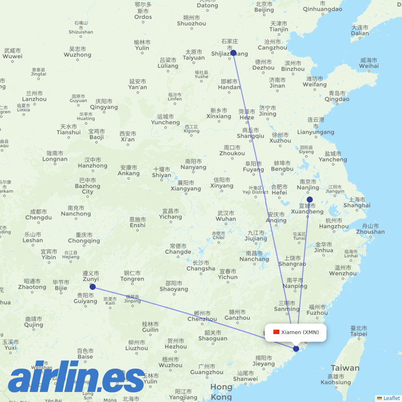 Hebei Airlines from Xiamen Gaoqi International Airport destination map