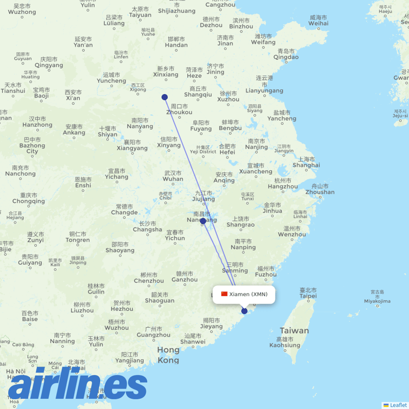 Jiangxi Airlines from Xiamen Gaoqi International Airport destination map