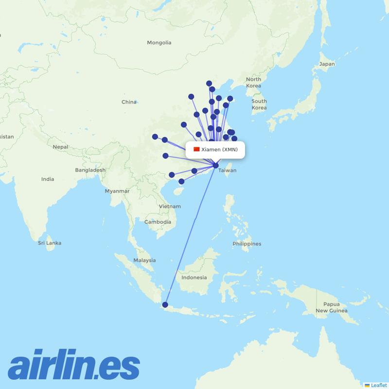 Shandong Airlines from Xiamen Gaoqi International Airport destination map