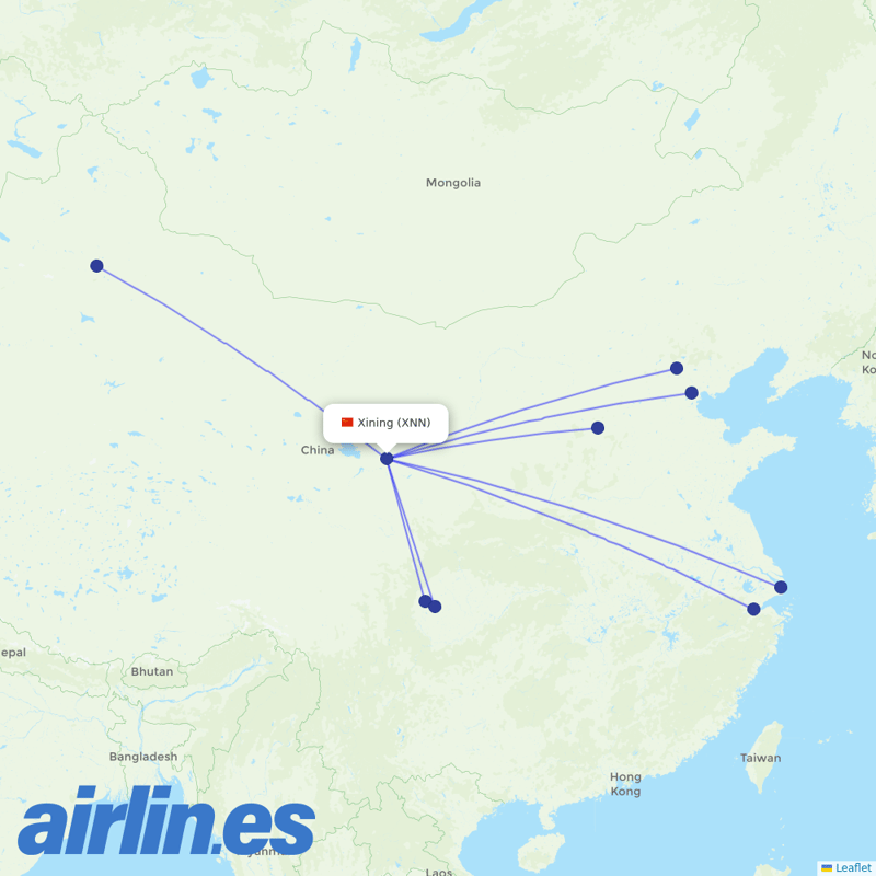 Air China from Xining Caojiabu Airport destination map