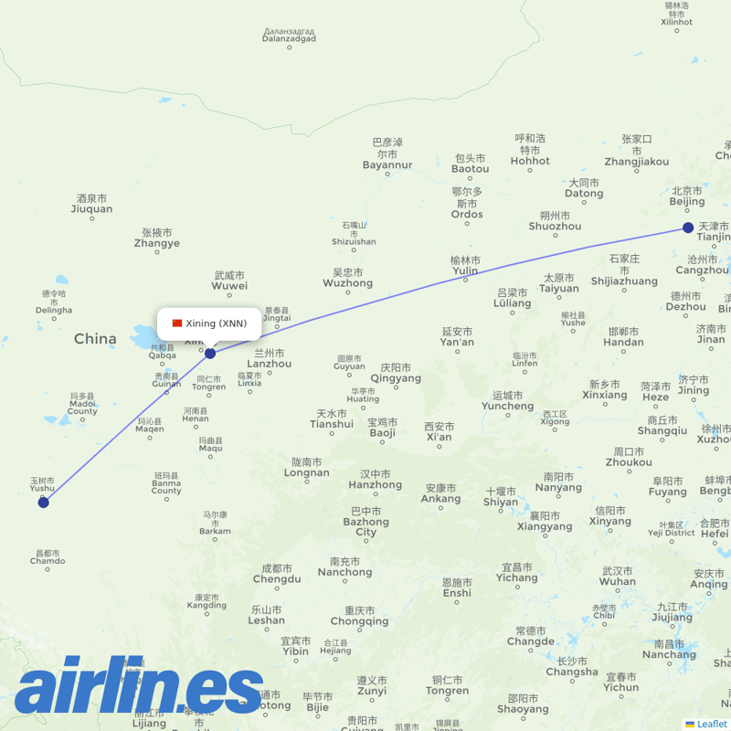 Beijing Capital Airlines from Xining Caojiabu Airport destination map
