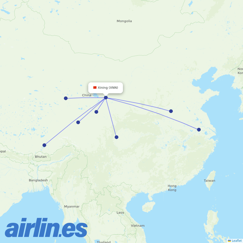 Tibet Airlines from Xining Caojiabu Airport destination map