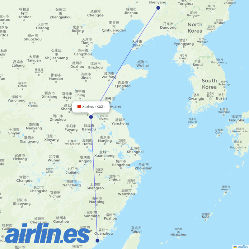 Shandong Airlines from Xuzhou Guanyin Airport destination map