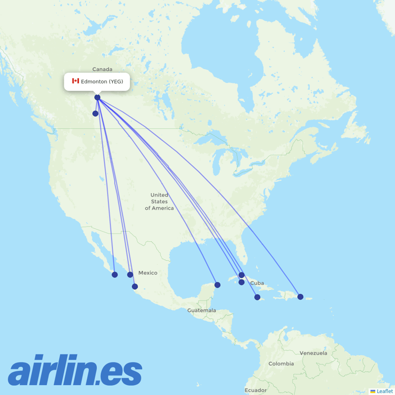 Sunwing Airlines from Edmonton International Airport destination map