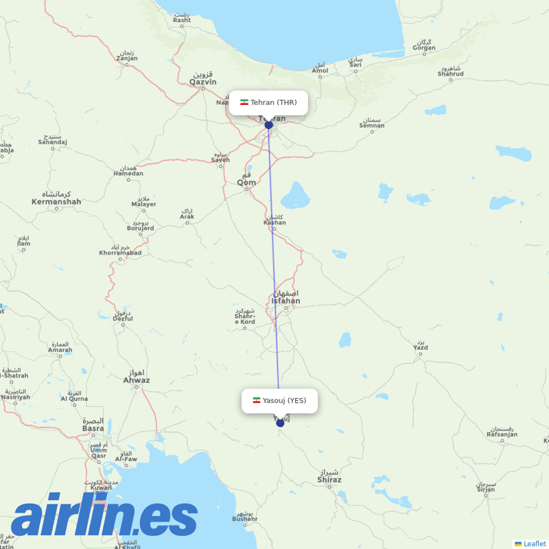 Mahan Air from Yasuj Airport destination map
